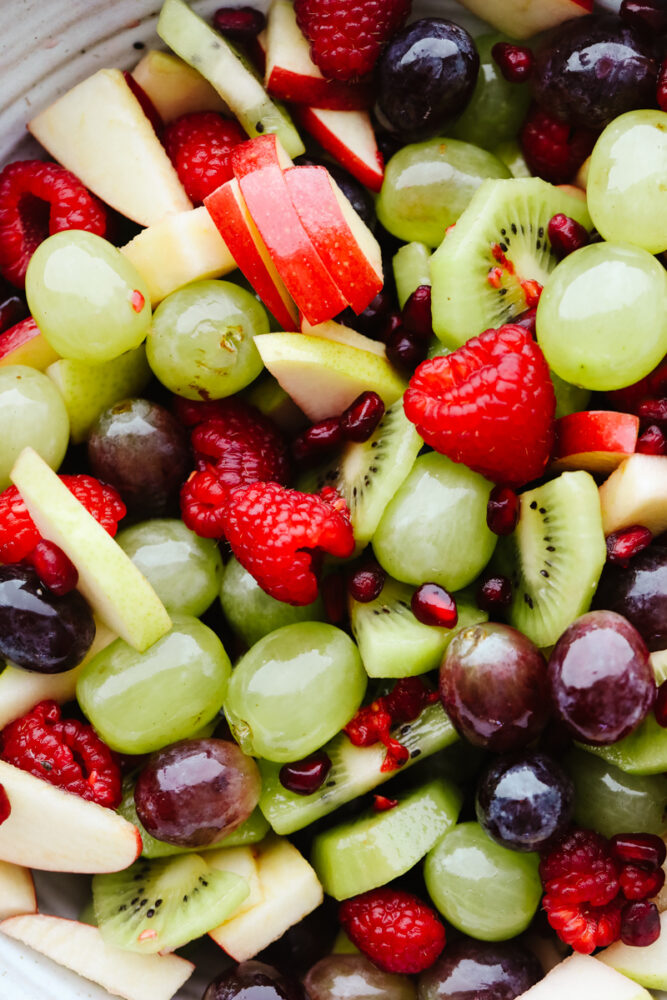 A zoomed in shot of fruit salad. 