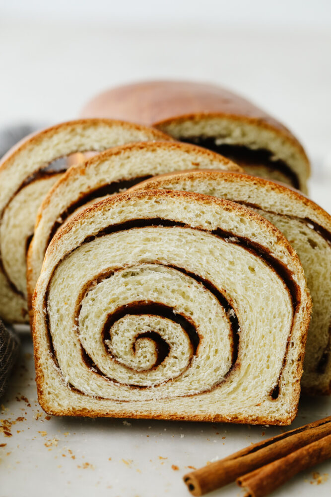 Cinnamon swirl bread all sliced up. 