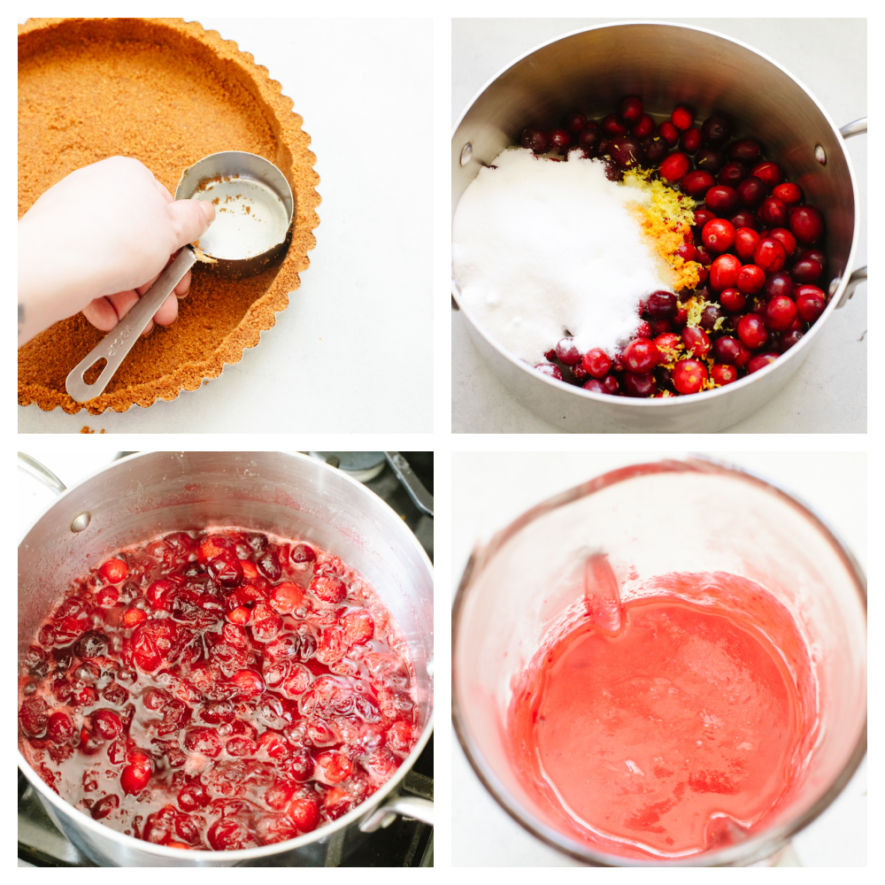 Process shots of preparing crust and cranberry filling.