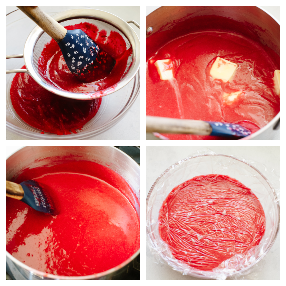 Pouring cranberries through sieve, cooking over the stove, and then allowing to chill covered in plastic wrap.