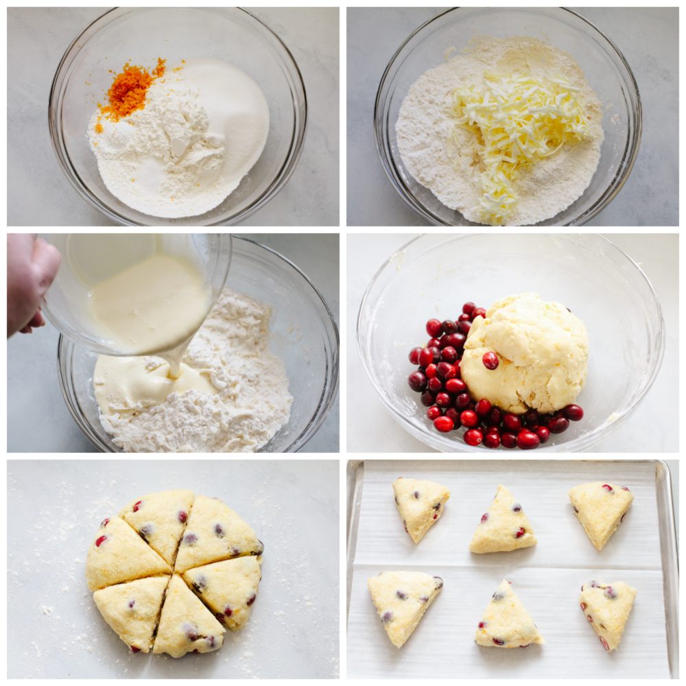 6 pictures showing how to make scone dough. 