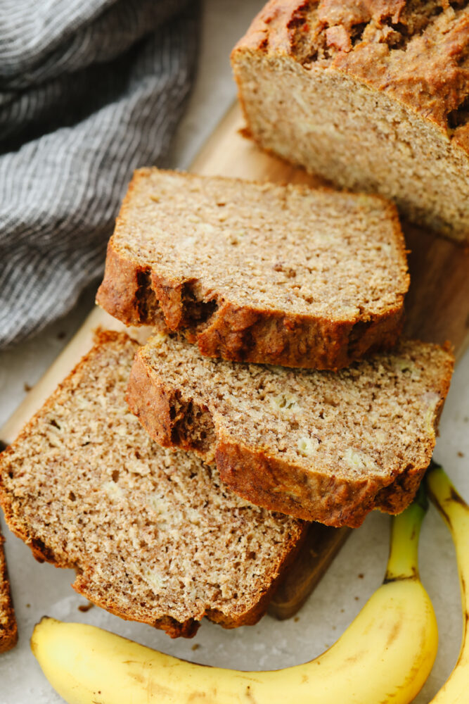 Healthy banana bread sliced up. 