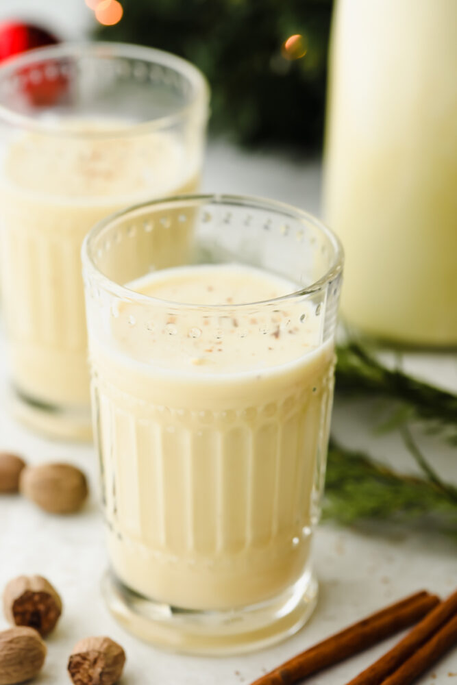 A glass of nonalcoholic eggnog. 