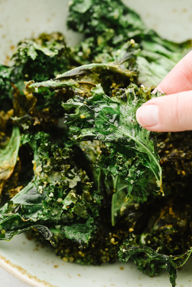 A hand picking up a kale chip to eat. 