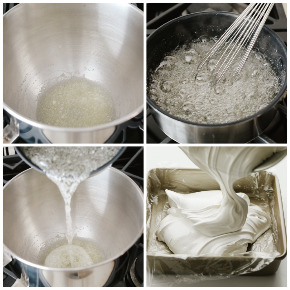 Preparing syrup, gelatin, and pouring marshmallow cream into a pan.