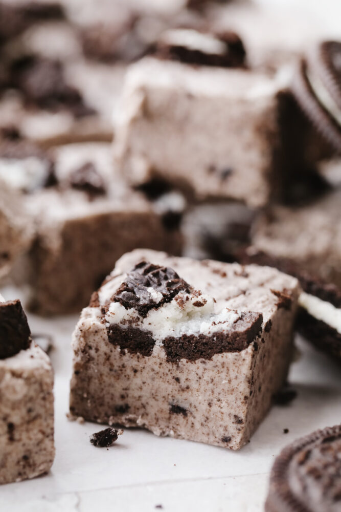 A square of cookies and cream fudge.