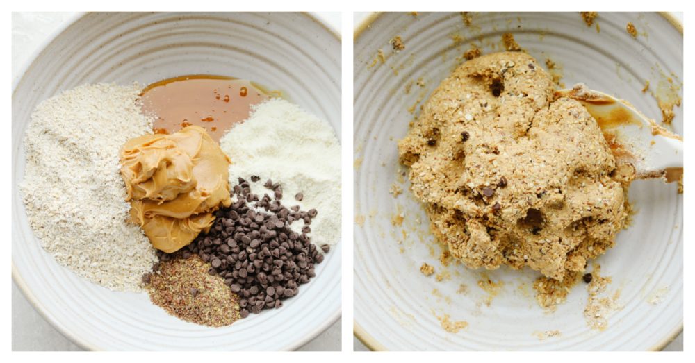 Protein ball ingredients in a white bowl being mixed together.