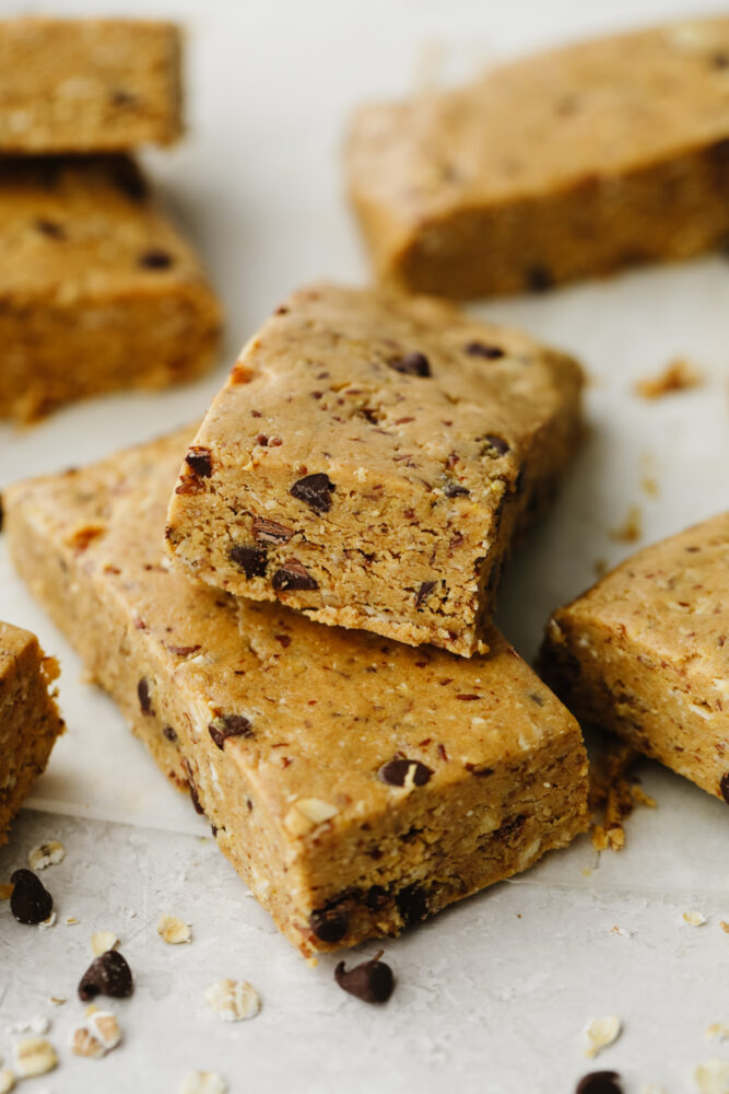 A stack of protein bars. 