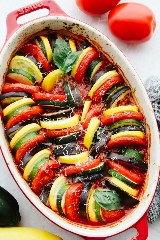 A baking dish filled with baked ratatouille. 