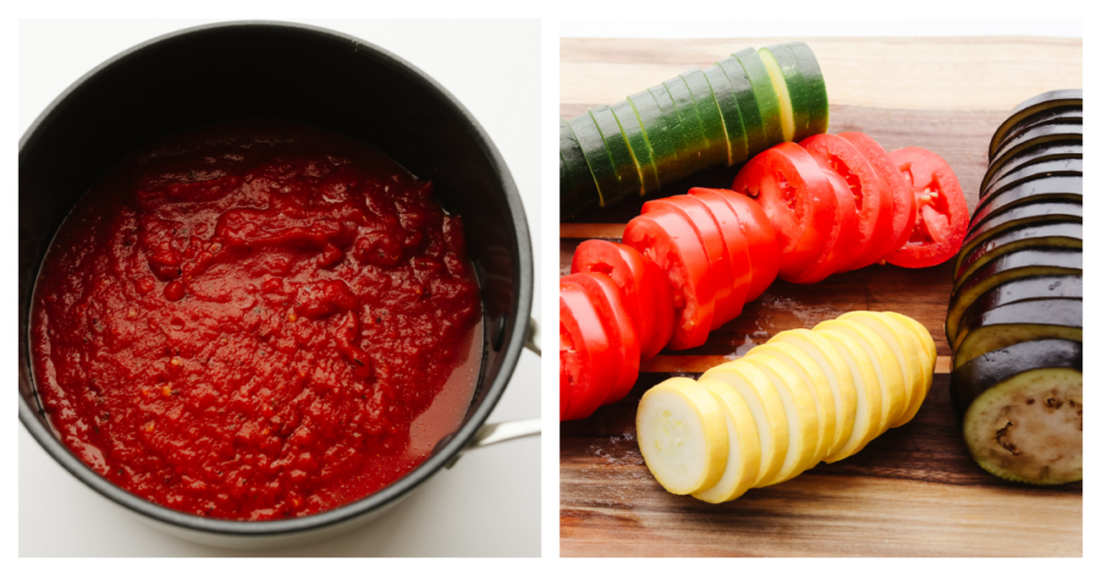 2 pictures showing sauce and sliced vegetables. 