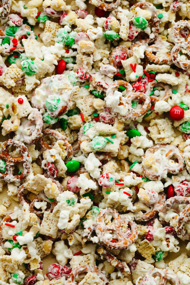 Reindeer food spread out on a baking sheet. 