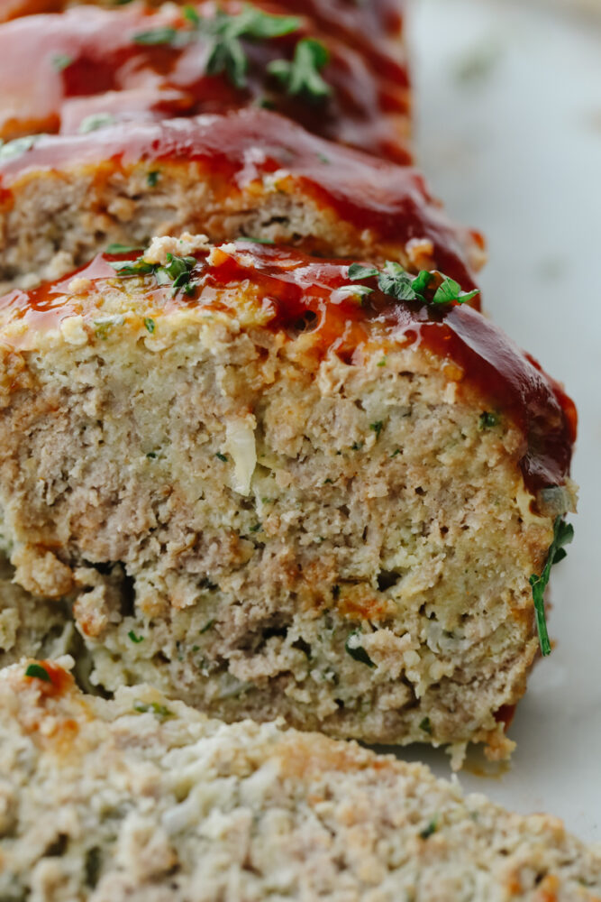 Closeup of a meatloaf slice.