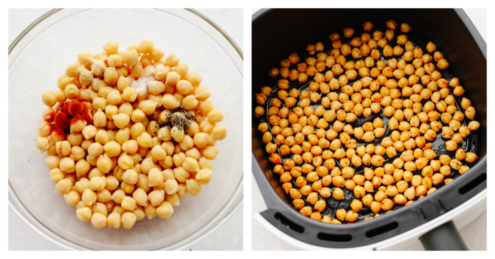 2 pictures showing how to add seasoning to chickpeas and place them in an air fryer. 