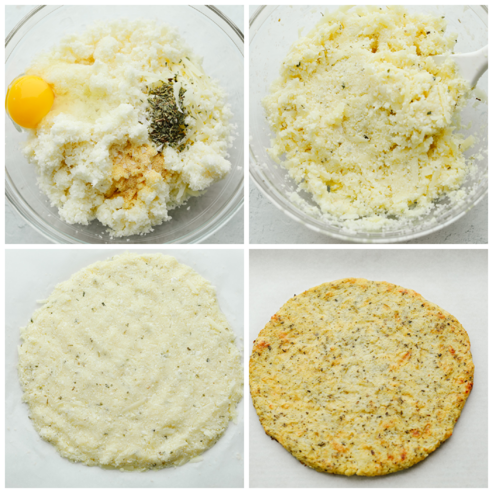 4 pictures showing how to mix the ingredients to make a cauliflower crust. 