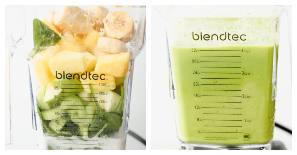 2 pictures showing ingredients added to a blender and then the ingredients all blended up.