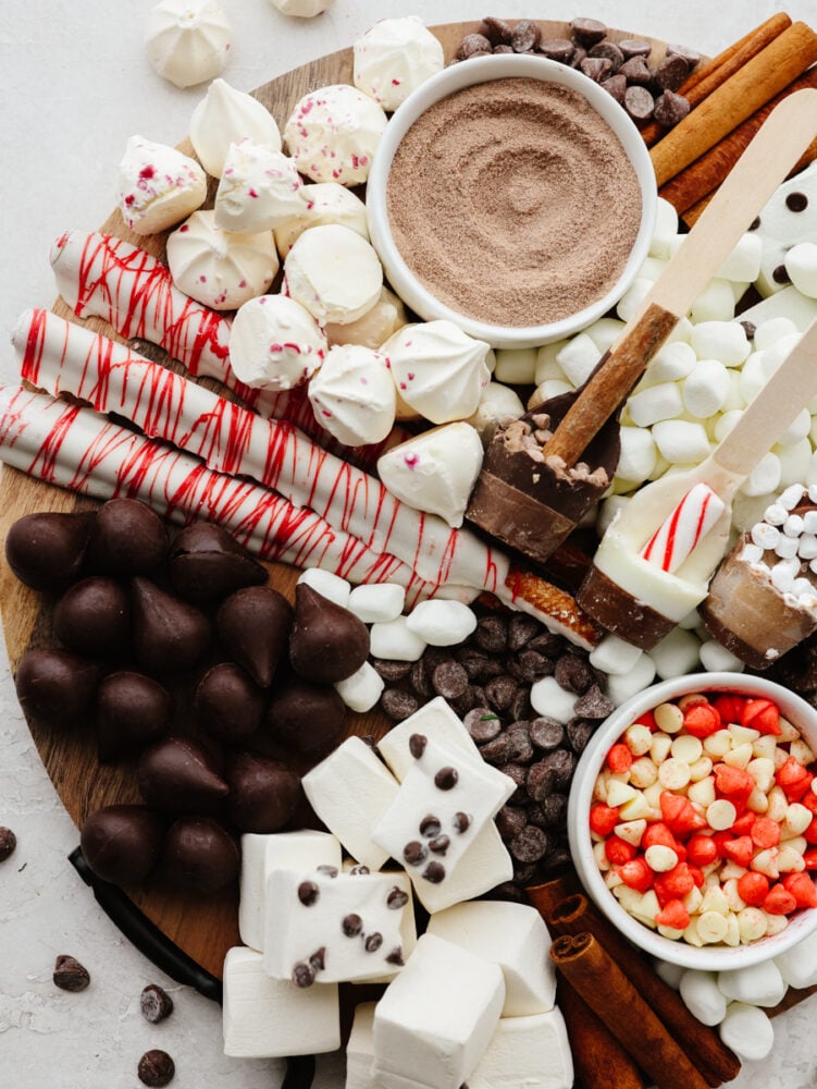 A zoomed in shot of a hot chocolate charcuterie board. 