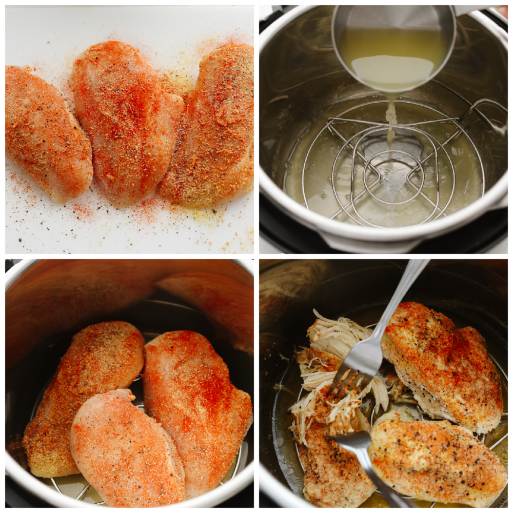 4 pictures showing how to season chicken breasts, add it to the instant pot and cover them with chicken broth. 