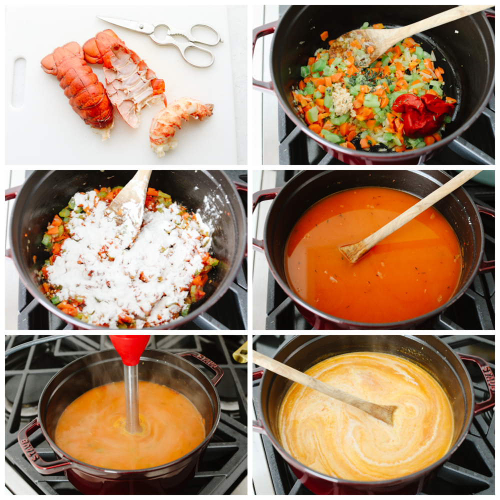 6 pictures showing how to cut a lobster tail and make lobster stock and bisque. 