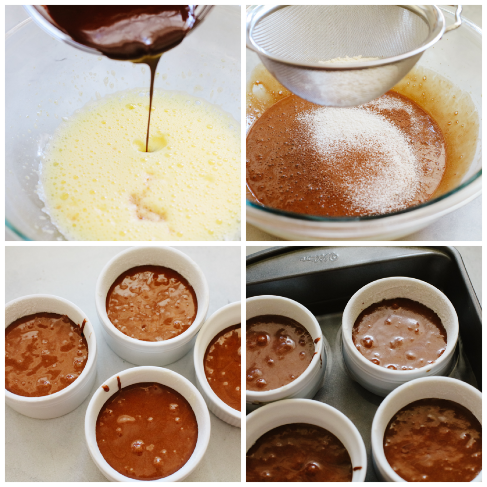 4 pictures showing how to make cake batter. 