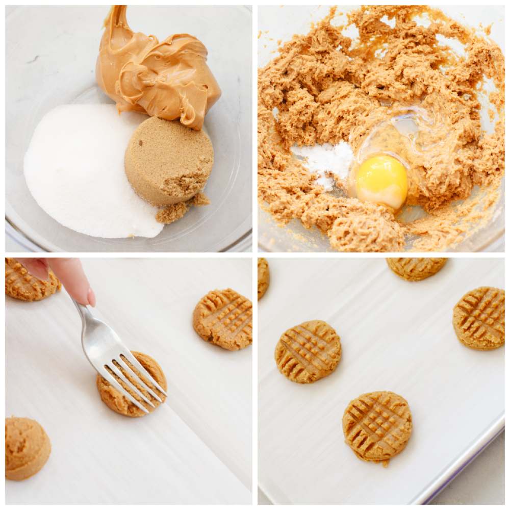 4 pictures showing how to mix the ingredients and indent the dough with a fork. 