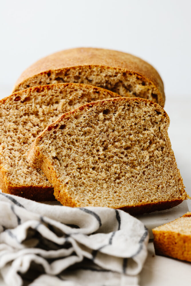 Closeup of 2 slices of bread.