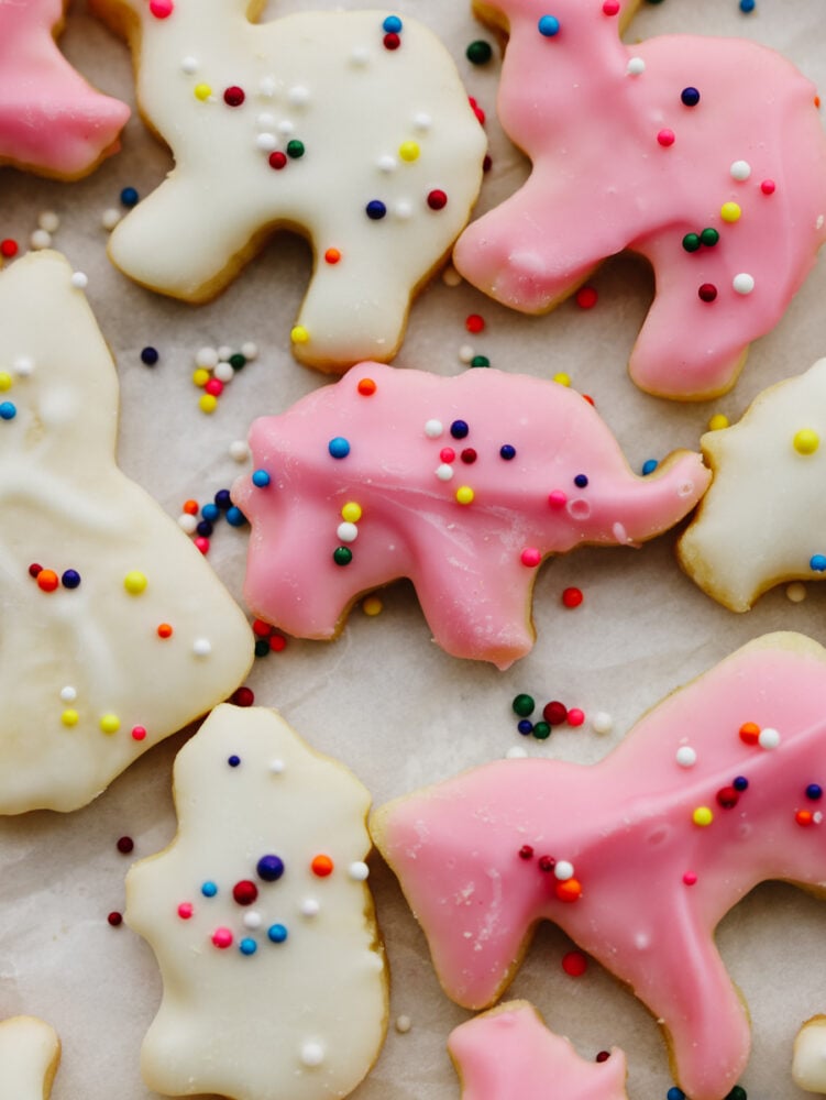 A close up show of some decorated and ready to eat circus animals cookies. 