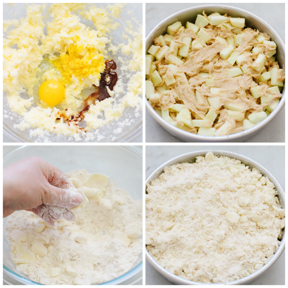 Process shots of preparing cake batter and streusel topping.