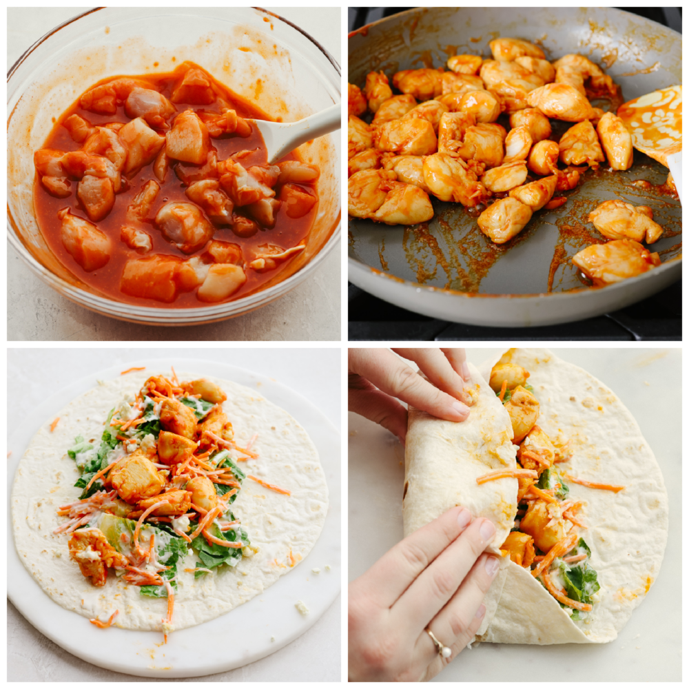 Process shots of marinating chicken, cooking on skillet, and adding to tortilla along with ranch, cheese, and veggies.