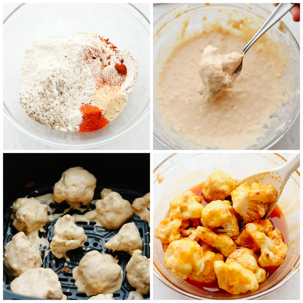 Process shots of preparing batter and sauce for air fryer cauliflower wings.