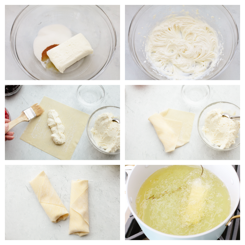 6 pictures showing how to make the filling, put it in an egg roll wrapper and place it in oil to cook.