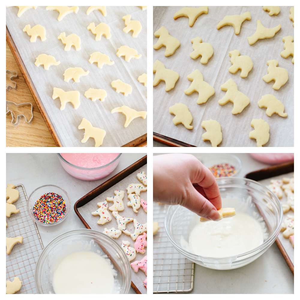 4 pictures showing the dogh cut into circus animals and then cooked and dipped into the frosting and sprinkles. 