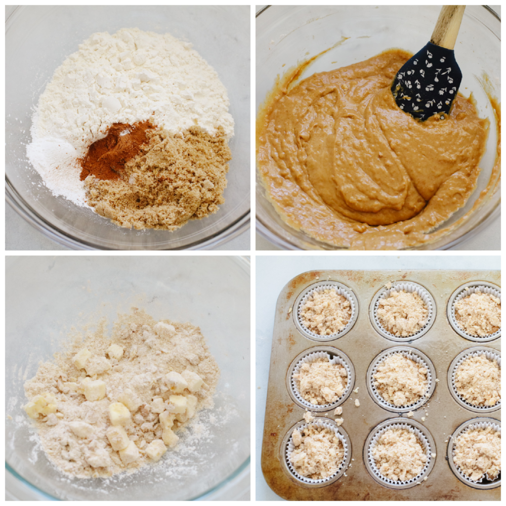 4 pictures showing how to mix batter, pour it into muffin cups and add on the topping. 