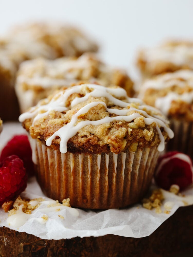 A zoomed in shot of a coffee cake muffin. 