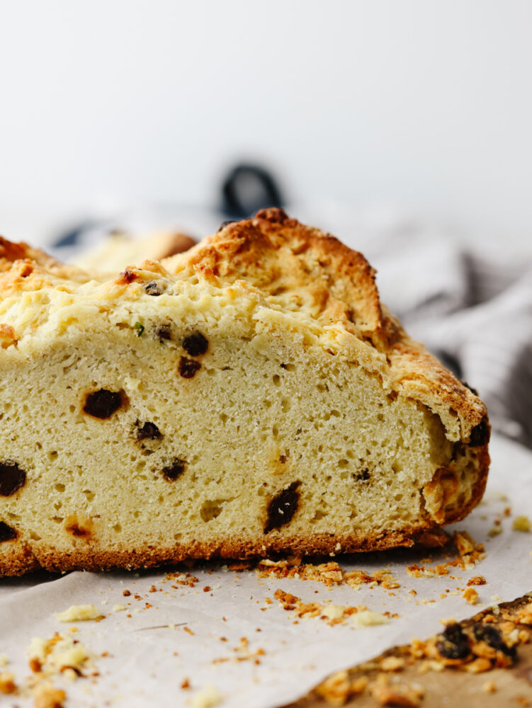 A close up side view of a load of soda bread. 