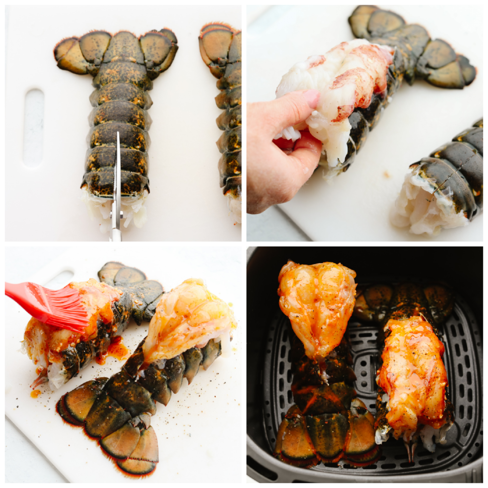 Lobster tails being cut and filet over top of the shell. 