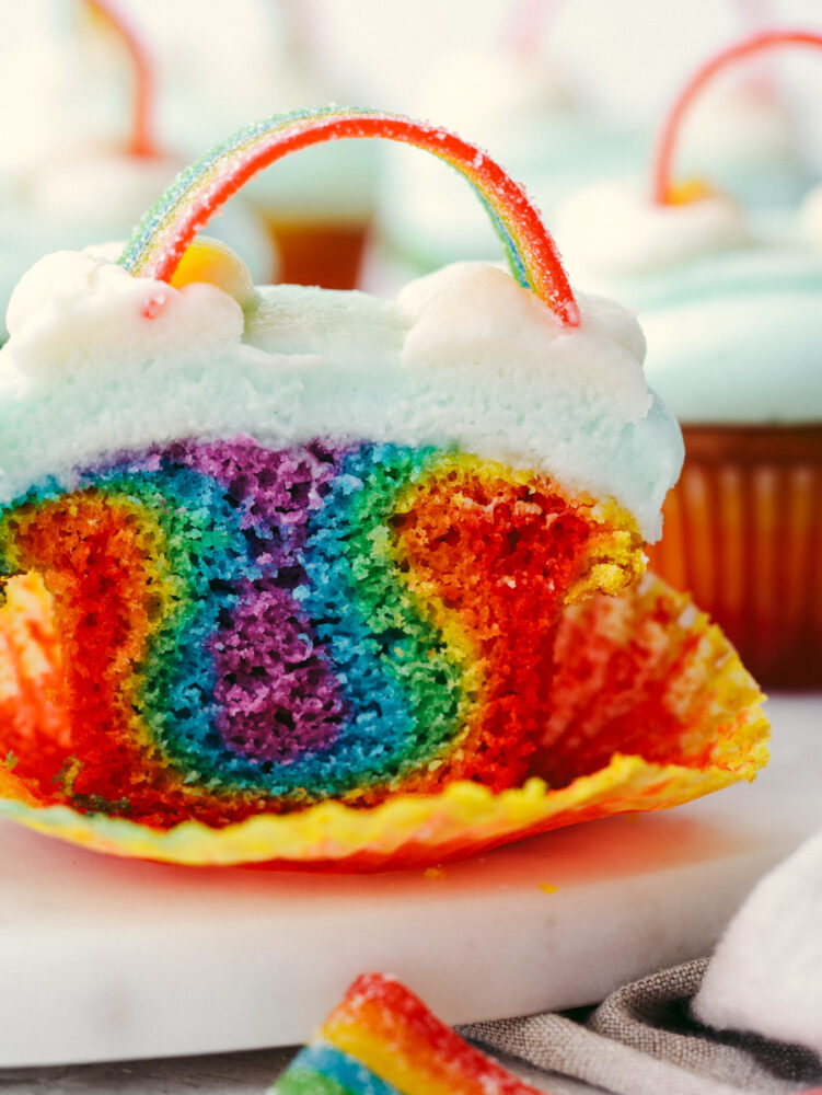 Closeup of a cupcake cut in half.