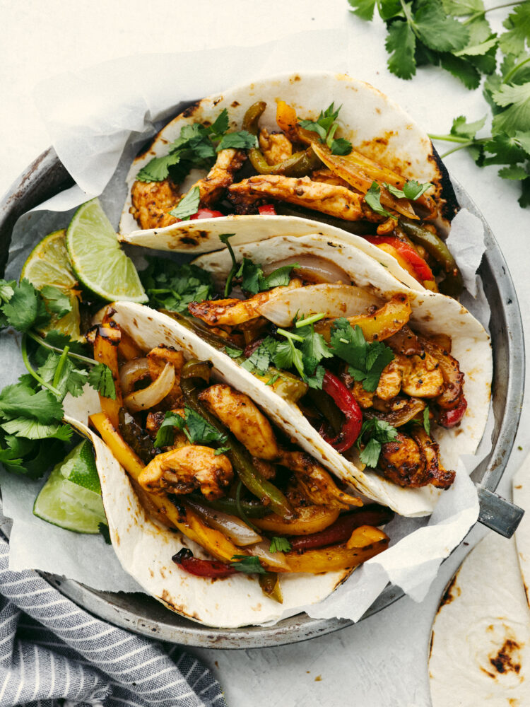 Chicken fajitas in homemade flour tortillas. 