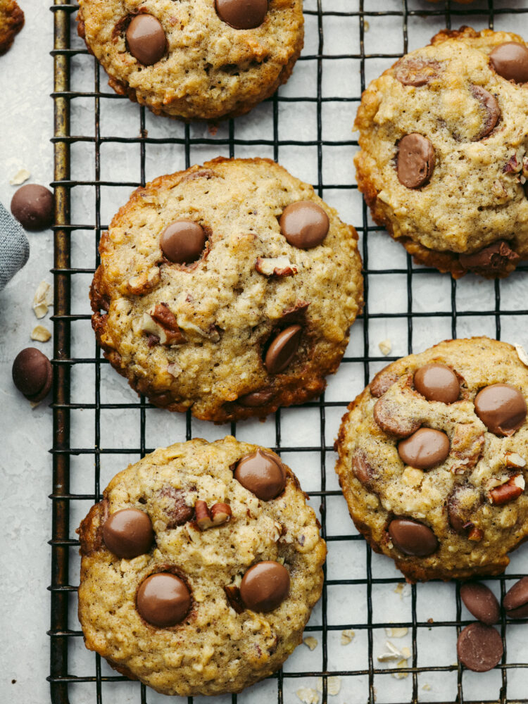 Closeup of banana oatmeal cookies on a cooling rack.