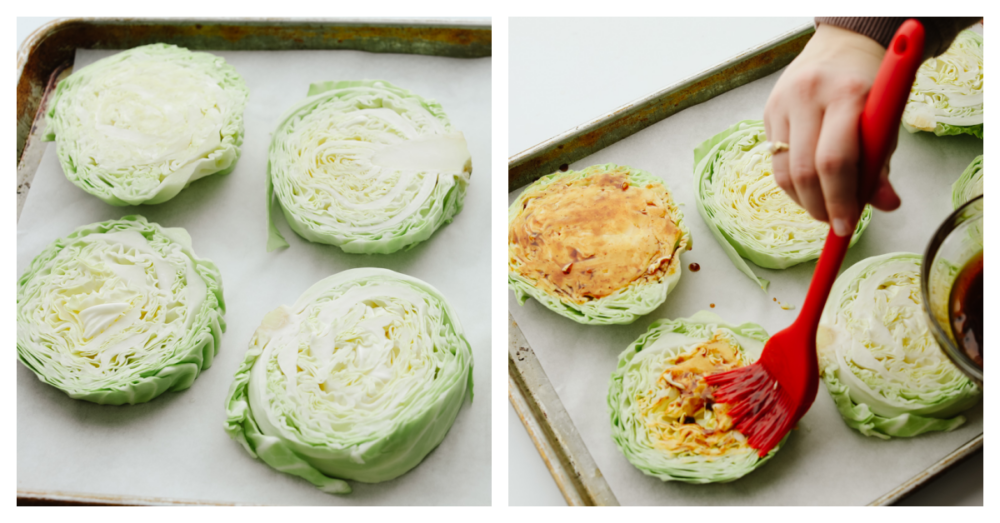 Adding glaze to slices of cabbage.