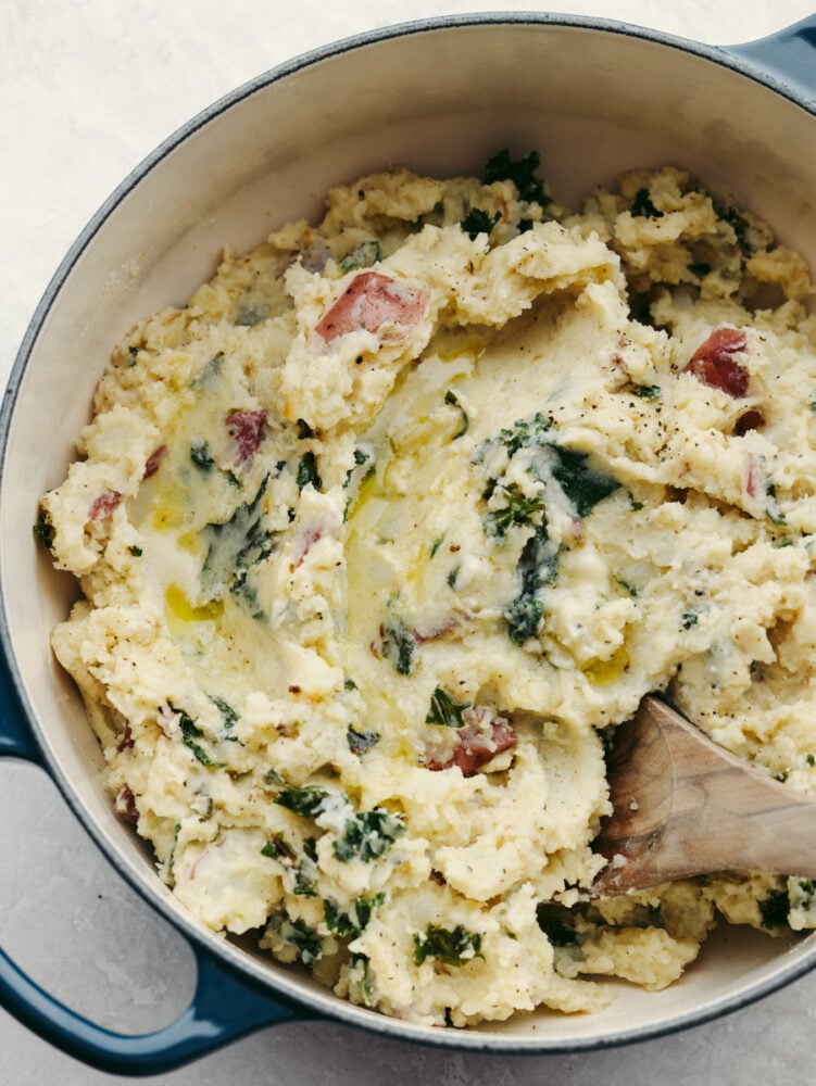 The top view of a pot filled with colcannon potatoes ready to serve. 