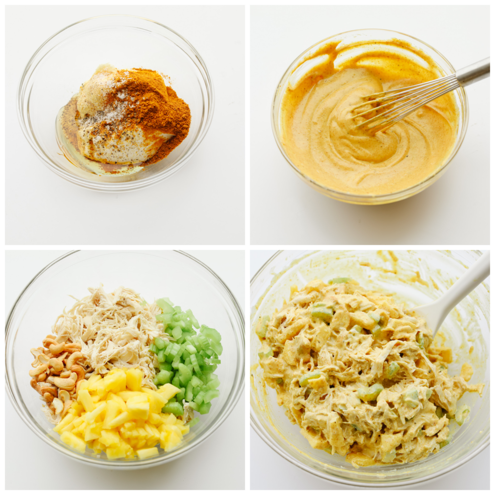 4 pictures showing how to mix all of the ingredients in a clear, glass bowl. 