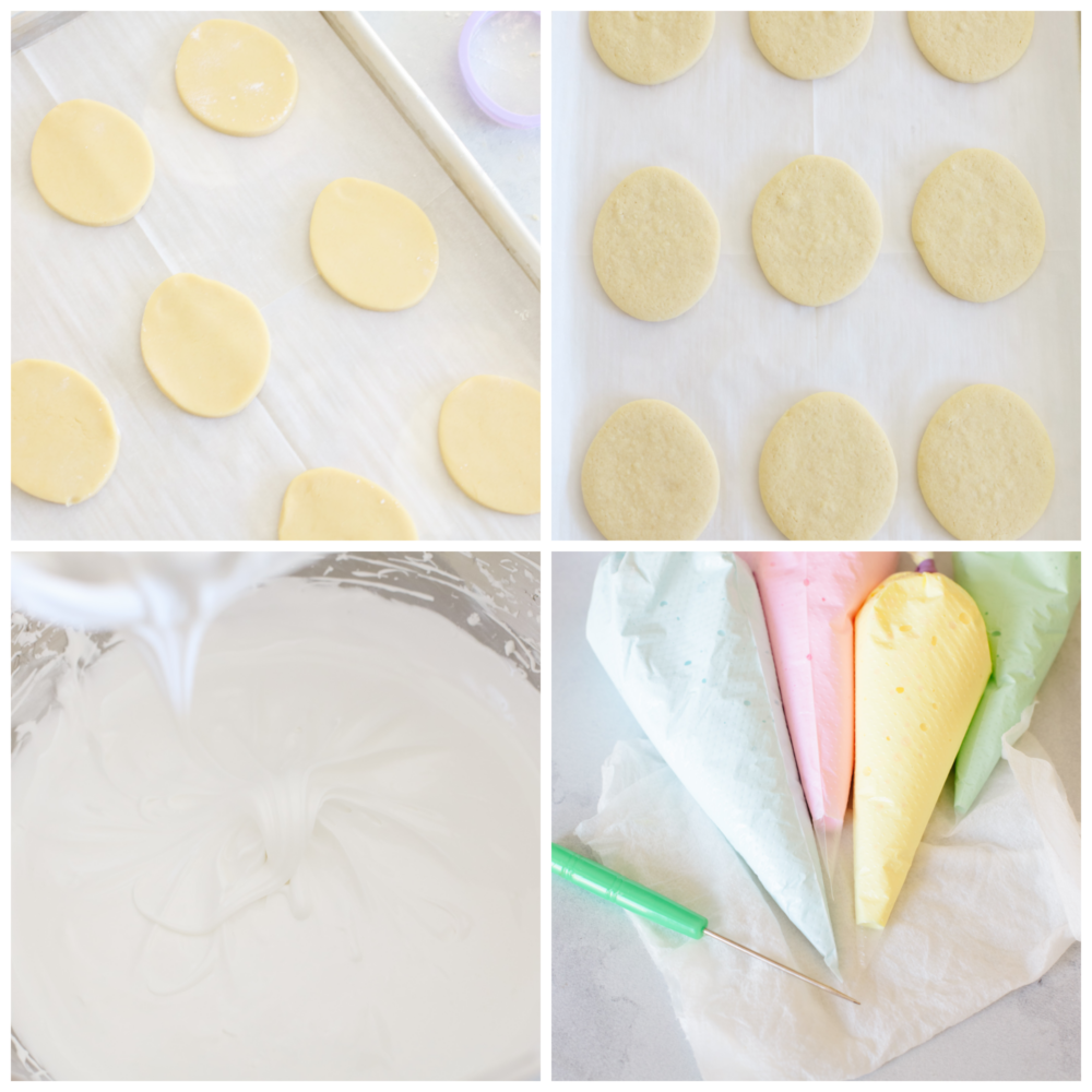 Process shots of shaping cookies and preparing icing.