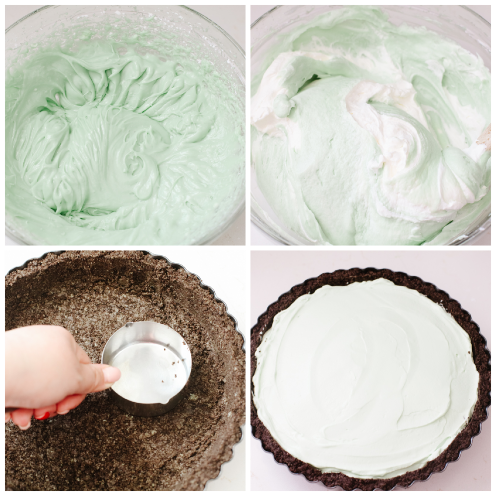 4 pictures showing how to make the filling and crust of a grasshopper pie. 