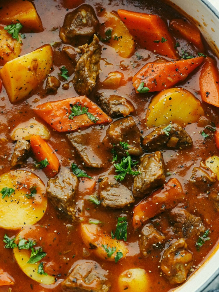 Closeup of Guinness beef stew.