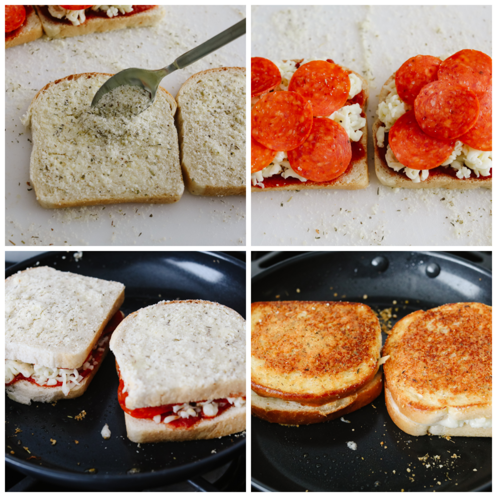 4-photo collage of a pizza grilled cheese sandwich being prepared with fillings and cooked in a skillet.