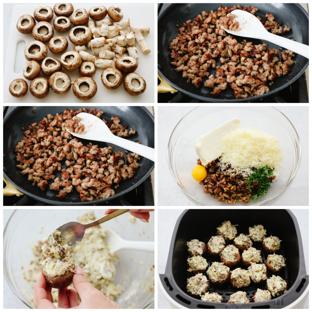 6-photo collage of mushrooms and filling being prepared.