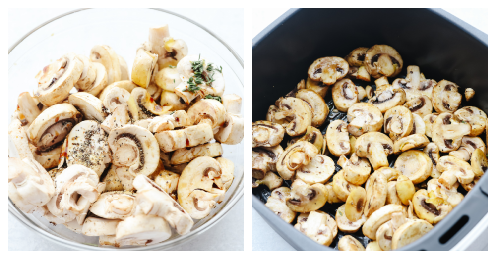 2-photo collage of mushrooms being seasoned and then added to an air fryer basket.