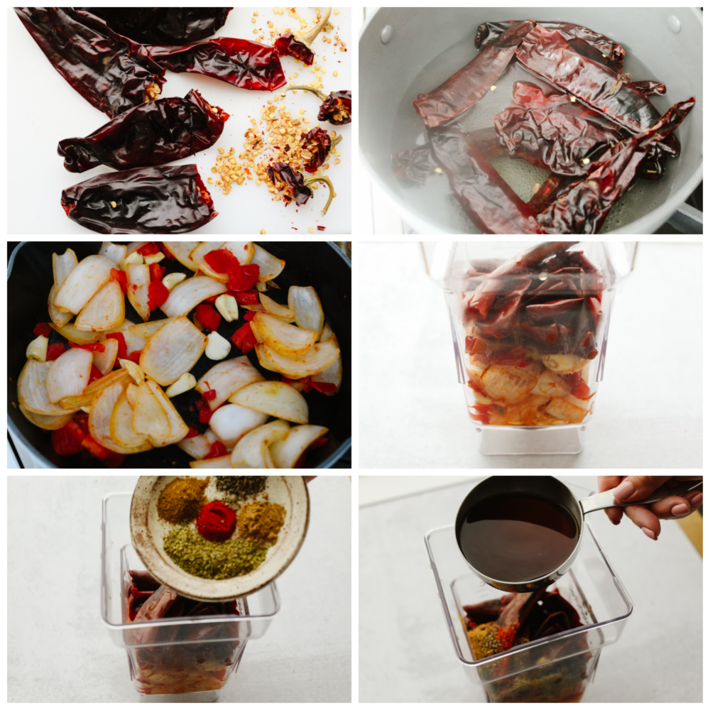 6 pictures showing how to cook the vegetbales and chilies and blend them into a sauce. 