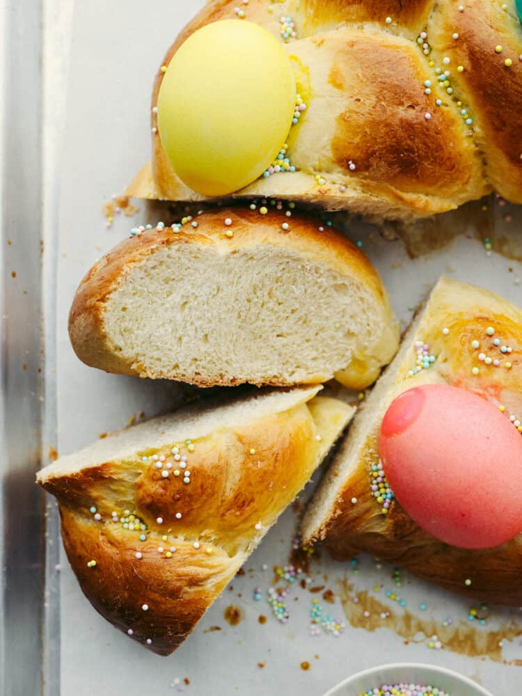 Closeup of bread cut into multiple pieces.