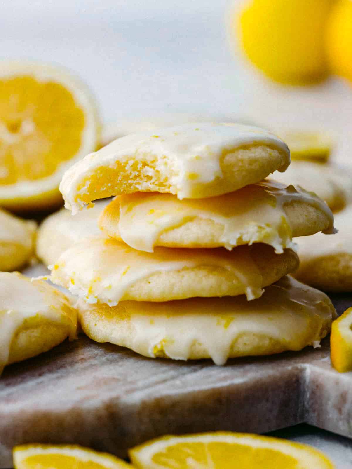 Side shot of stacked lemon ricotta cookies. 